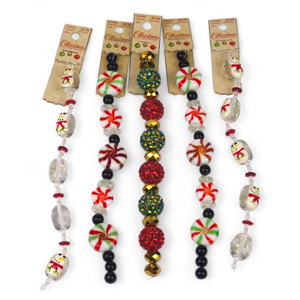 Vtg Lot Winter Bead Treasures Glass Strands Snowman Peppermint Rhinestone Craft